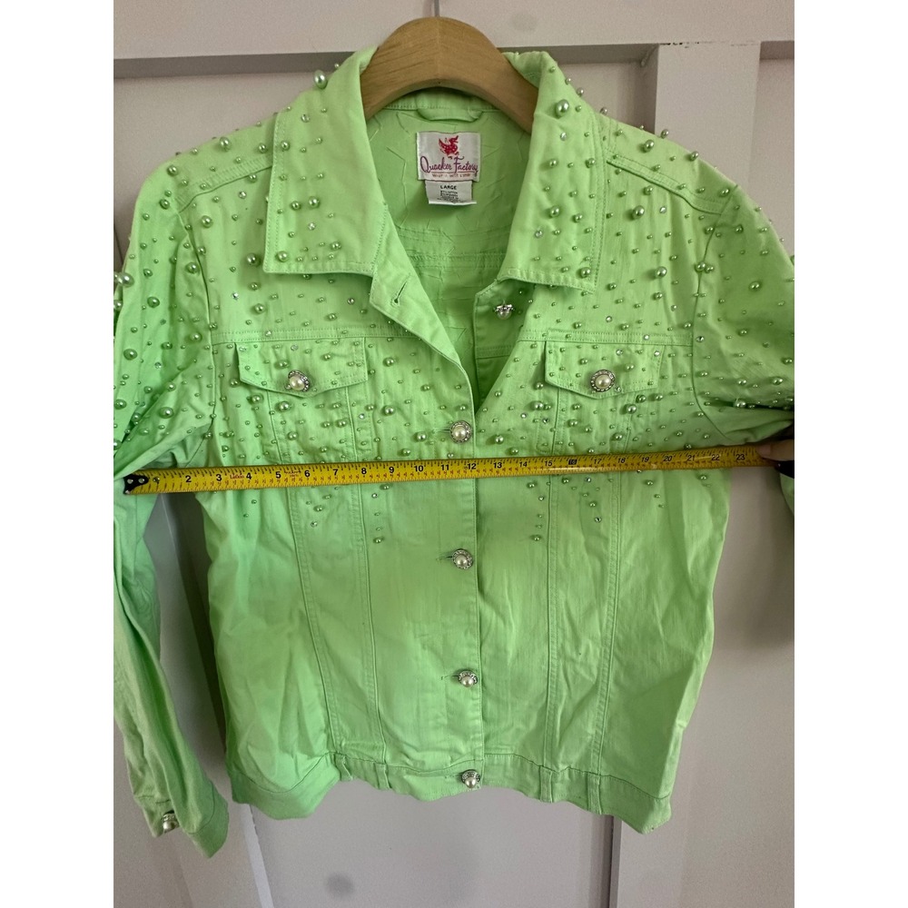 Quacker Factory Lime Green Pearl Rhinestone Denim Jacket Womens Large Neon lime - Picture 7 of 8